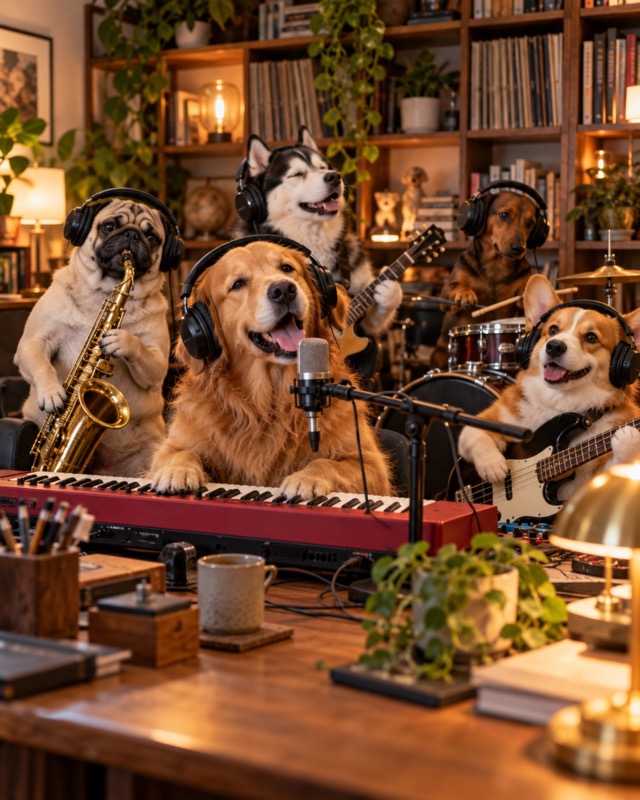 AI-generated example of a good boys only 🐾 band at the desk